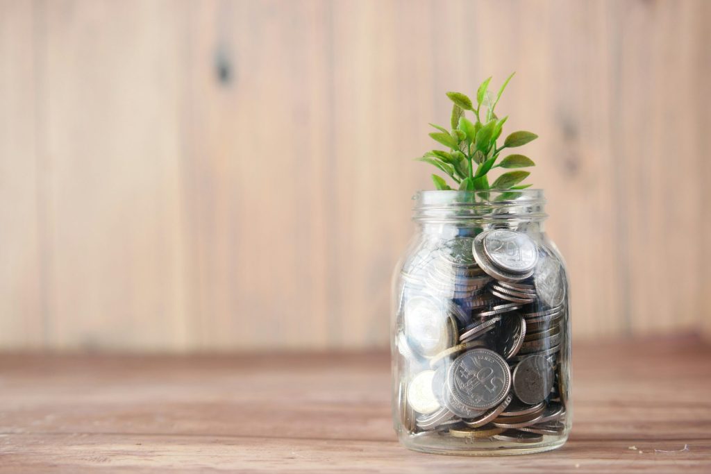 glass jar filled with coins and sprouting plant